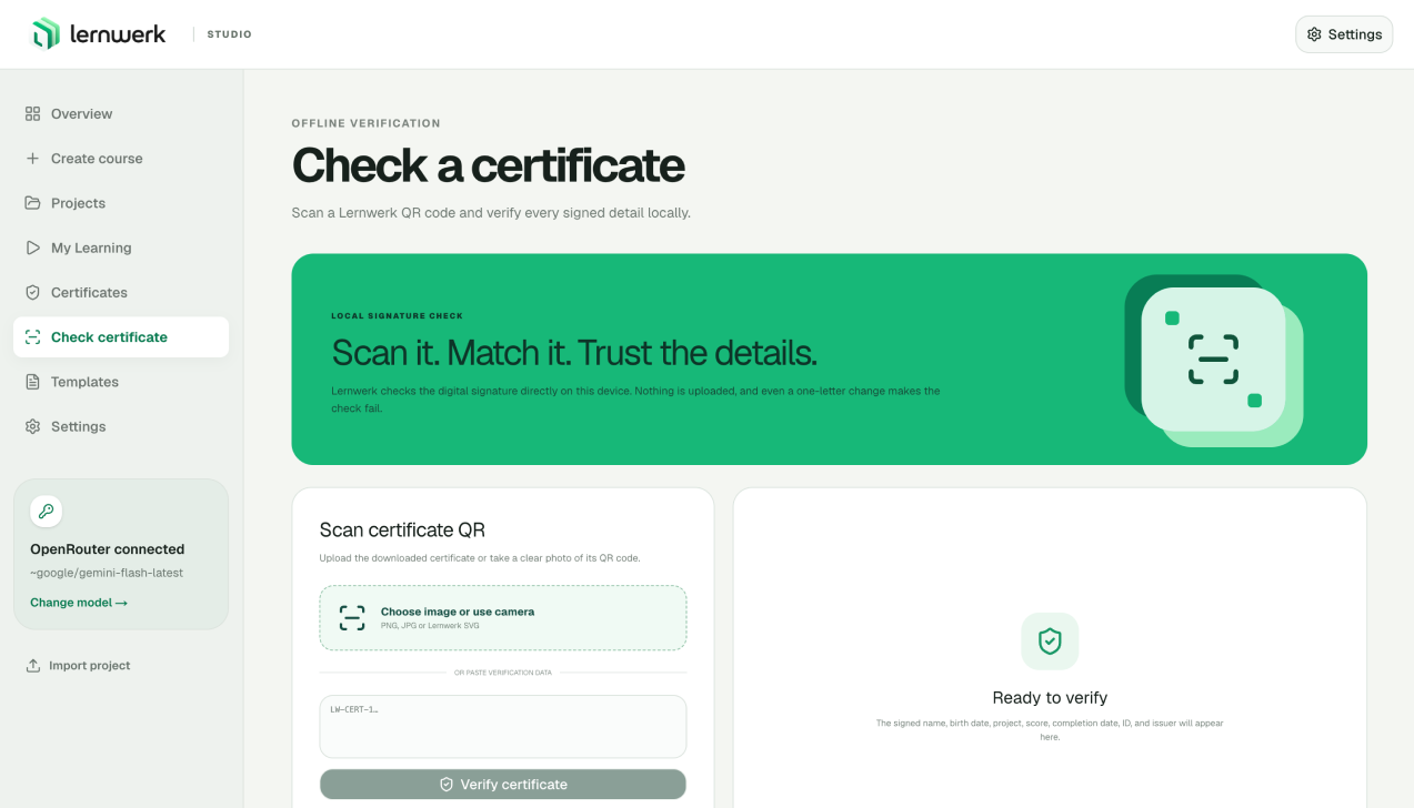 Offline certificate verification workspace in Lernwerk