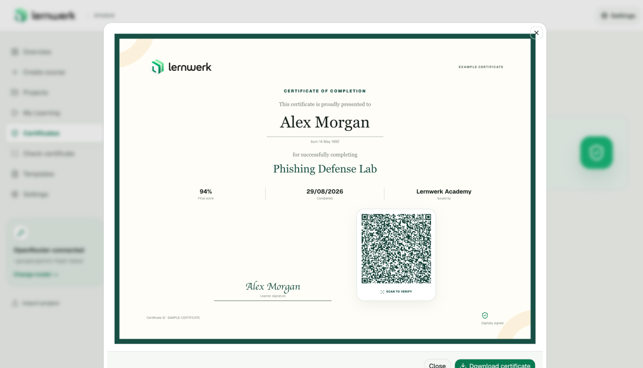 Digitally signed Lernwerk completion certificate with verification QR code