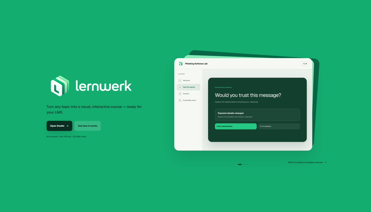 Lernwerk landing page with an interactive course preview