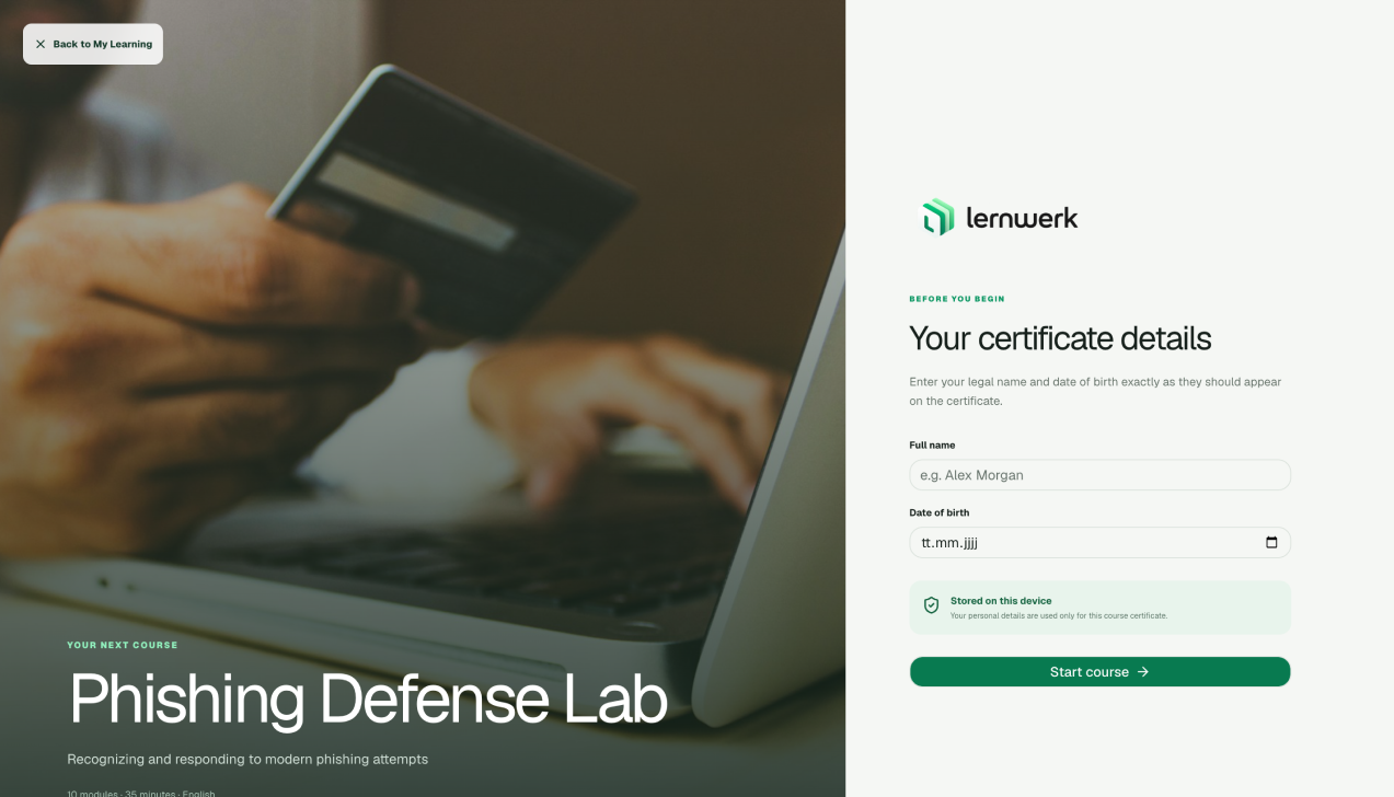 Local learner details screen before beginning a certificate course