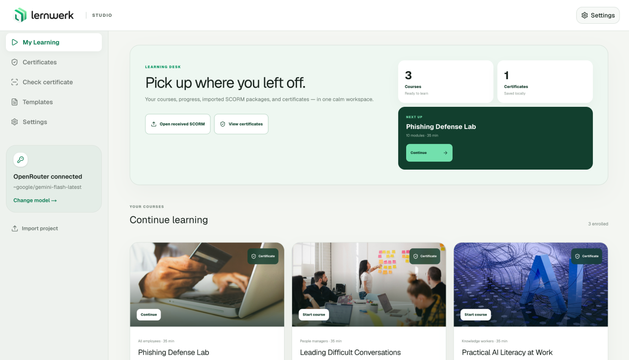 Local Lernwerk course library with learning progress and certificates