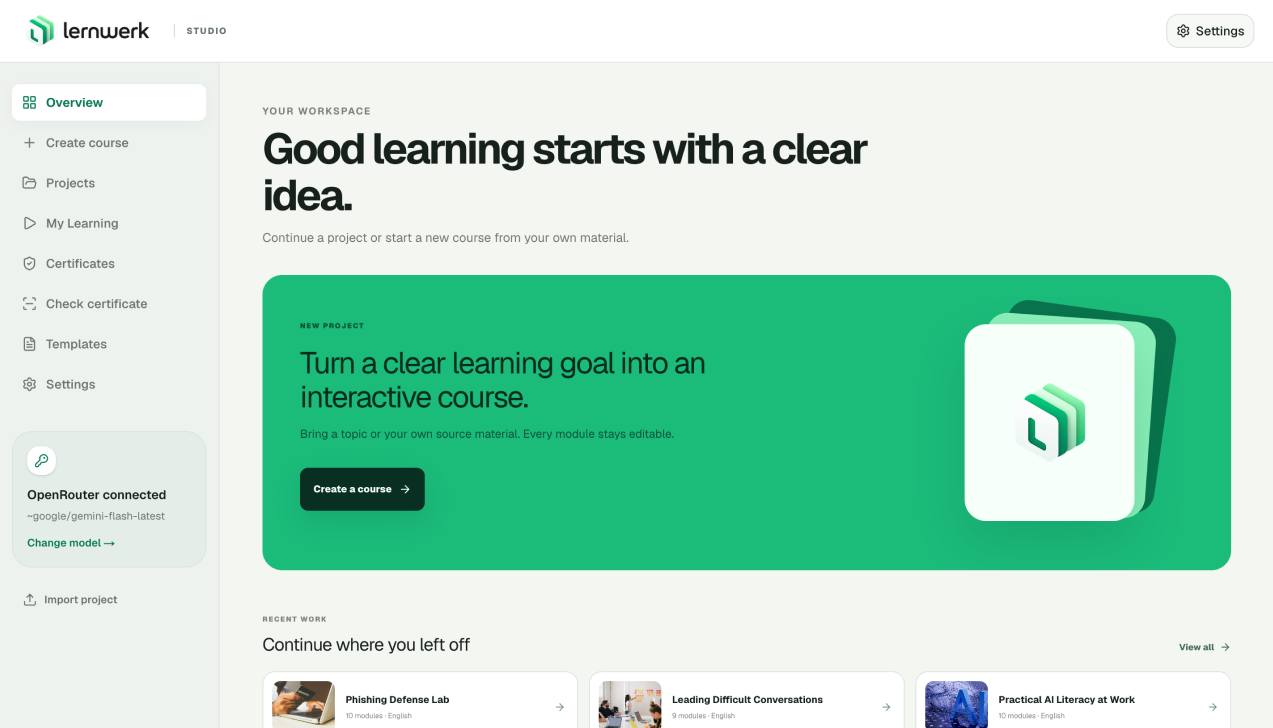 Lernwerk Studio overview with recent courses and a new project action